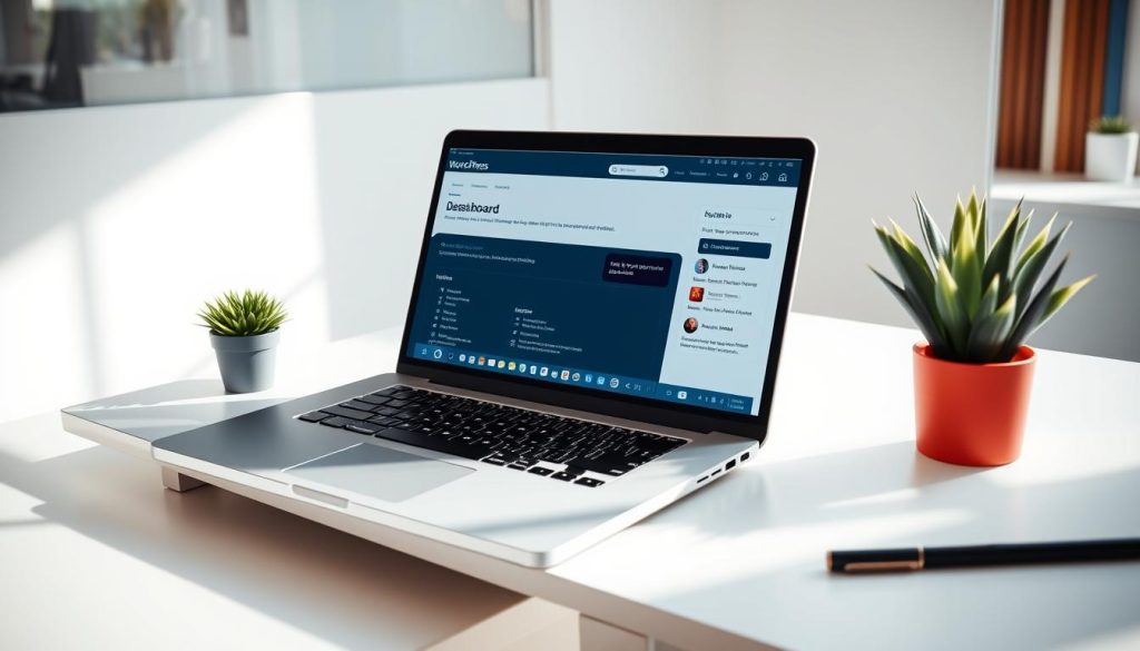 A bright, well-lit office scene showcasing a modern laptop displaying the WordPress dashboard. The laptop is placed on a sleek, minimalist desk, with a clean, neutral-toned background. The dashboard interface is prominently featured, displaying a clear, intuitive layout with easy-to-navigate menus and options. The overall atmosphere conveys a sense of productivity, professionalism, and the ease of setting up a WordPress-powered blog or website. A bright, well-lit office scene showcasing a modern laptop displaying the WordPress dashboard. The laptop is placed on a sleek, minimalist desk, with a clean, neutral-toned background. The dashboard interface is prominently featured, displaying a clear, intuitive layout with easy-to-navigate menus and options. The overall atmosphere conveys a sense of productivity, professionalism, and the ease of setting up a WordPress-powered blog or website.