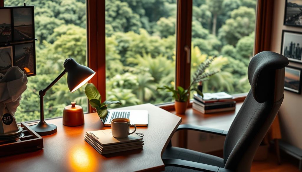 A cozy home office setup with a wooden desk, a comfortable chair, and a large window overlooking a lush, verdant landscape. Soft, warm lighting illuminates the space, creating a inviting and productive atmosphere. On the desk, a laptop, a cup of hot coffee, and a stack of neatly organized notebooks and pens. The walls are adorned with framed travel photographs, hinting at the owner's passion for exploration and adventure. The overall scene exudes a sense of focus, creativity, and the perfect balance between work and inspiration. A cozy home office setup with a wooden desk, a comfortable chair, and a large window overlooking a lush, verdant landscape. Soft, warm lighting illuminates the space, creating a inviting and productive atmosphere. On the desk, a laptop, a cup of hot coffee, and a stack of neatly organized notebooks and pens. The walls are adorned with framed travel photographs, hinting at the owner's passion for exploration and adventure. The overall scene exudes a sense of focus, creativity, and the perfect balance between work and inspiration.