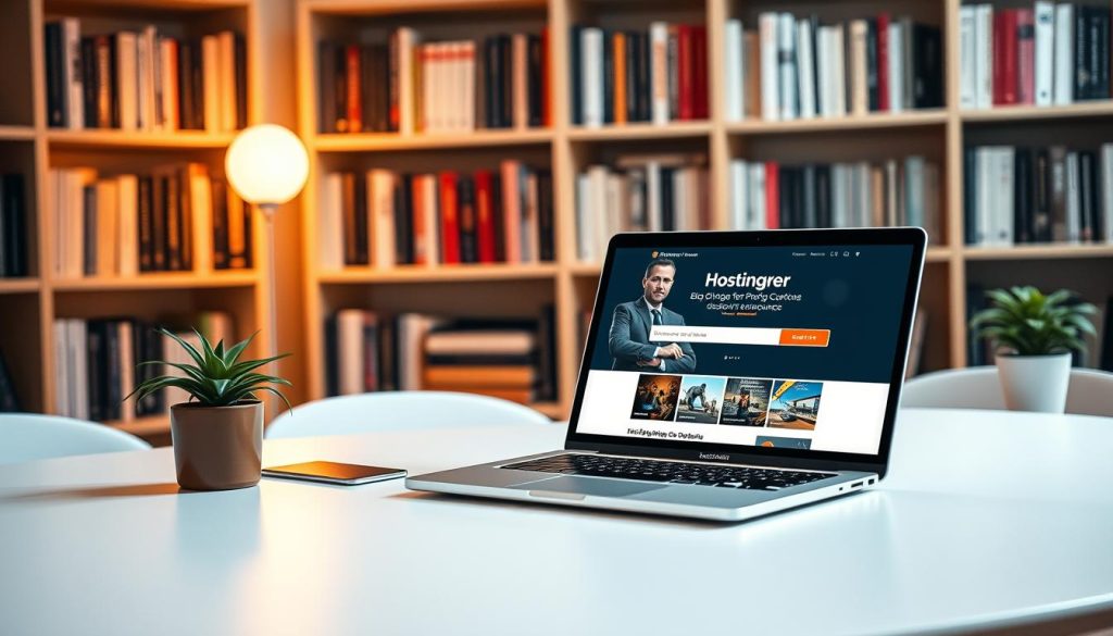 A cozy, well-lit office workspace with an open laptop displaying the Hostinger blog hosting platform. The scene features a clean, modern desk with a stylish laptop, a potted plant, and a warm, indirect lighting setup that casts a soft glow. The background showcases a bookshelf filled with design and technology-related books, creating an atmosphere of productivity and creativity. The overall scene conveys a sense of professionalism, efficiency, and the reliable performance of Hostinger's blog hosting services.