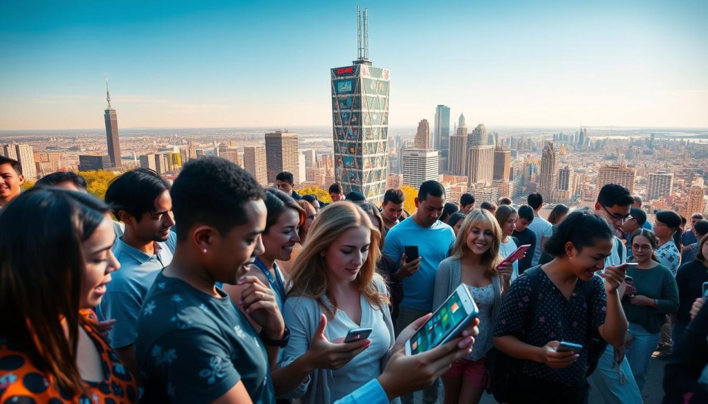 A dynamic, vibrant landscape showcasing the power of social media. In the foreground, a diverse group of people engaged in sharing and interacting on various digital platforms, their expressions animated and connected. In the middle ground, a towering social media hub, its sleek architecture and glowing screens symbolizing the expansive reach and influence of online communities. In the background, a cityscape of skyscrapers and bustling activity, reflecting the integrated, omnipresent nature of social media in modern life. Warm, natural lighting illuminates the scene, creating a sense of energy and optimism. Captured with a wide-angle lens to emphasize the scale and interconnectedness of this digital ecosystem.