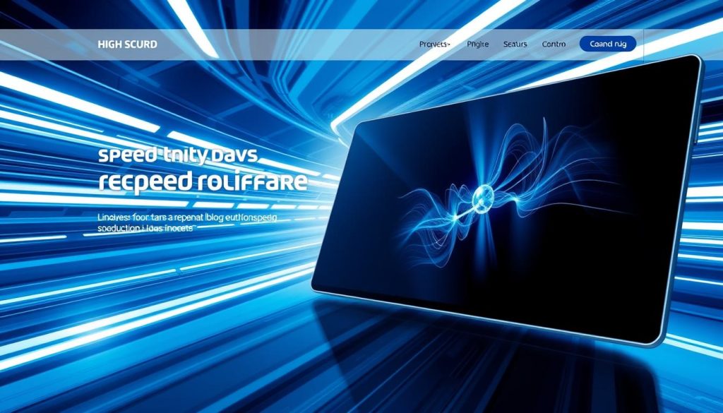 A futuristic, high-speed website interface with a sleek, minimalist design. Dominant shades of blue and silver create a dynamic, tech-forward atmosphere. The foreground features a fast-loading homepage, with a hero section showcasing a vibrant, high-resolution image. Seamless transitions and micro-animations guide the user's eye, creating an engaging, responsive experience. The middle ground depicts a simplified site navigation, prioritizing speed and accessibility. In the background, a subtle grid pattern and geometric shapes evoke a sense of efficiency and performance optimization. Dramatic lighting and sharp angles convey a sense of velocity and forward momentum, perfectly suited for a speed-focused personal blog theme.