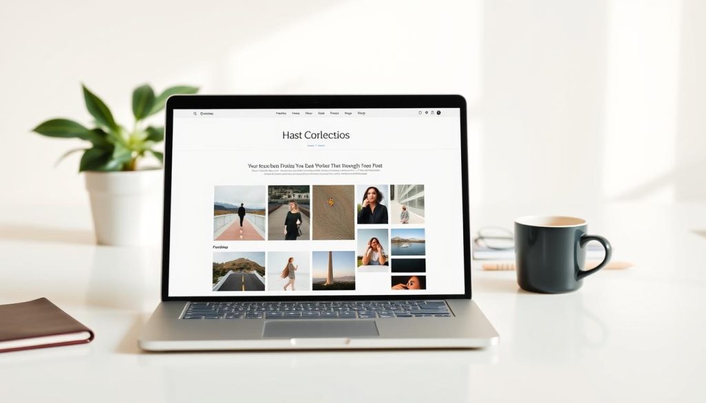 A minimal, elegant blog design with a clean, white background. In the foreground, a laptop displaying a beautifully crafted blog homepage, its layout showcasing a balanced grid of post previews. The middle ground features a desktop workspace with a stylish notebook, a cup of coffee, and a potted plant, creating a serene, productive atmosphere. The background is softly blurred, emphasizing the focus on the digital design. Warm, natural lighting illuminates the scene, conveying a sense of calm and professionalism. The overall composition evokes a modern, streamlined aesthetic suitable for a simple, yet impactful blog.