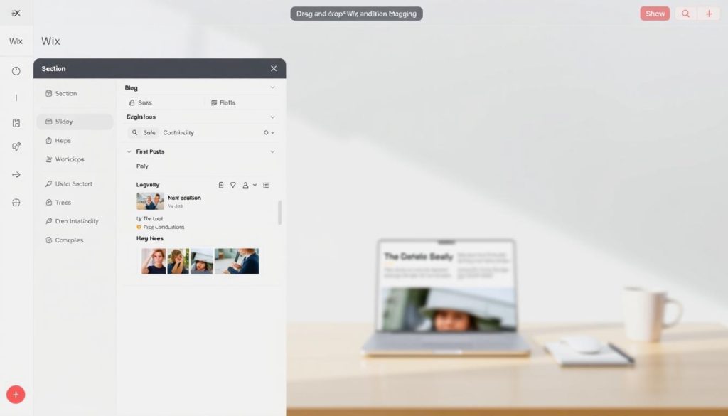 A modern and user-friendly Wix blog interface with a clean, minimalist design. The foreground shows a drag-and-drop section editor, allowing for easy customization of layout and content. The middle ground features a blog post preview, showcasing a visually appealing post with high-quality imagery and typography. The background depicts a serene, abstract workspace with soft lighting, hinting at the intuitive and beginner-friendly nature of the Wix blogging platform. The overall scene conveys a sense of simplicity, efficiency, and creative expression, perfectly aligning with the "Wix: beginner-friendly drag-and-drop blogging" section title. A modern and user-friendly Wix blog interface with a clean, minimalist design. The foreground shows a drag-and-drop section editor, allowing for easy customization of layout and content. The middle ground features a blog post preview, showcasing a visually appealing post with high-quality imagery and typography. The background depicts a serene, abstract workspace with soft lighting, hinting at the intuitive and beginner-friendly nature of the Wix blogging platform. The overall scene conveys a sense of simplicity, efficiency, and creative expression, perfectly aligning with the "Wix: beginner-friendly drag-and-drop blogging" section title.
