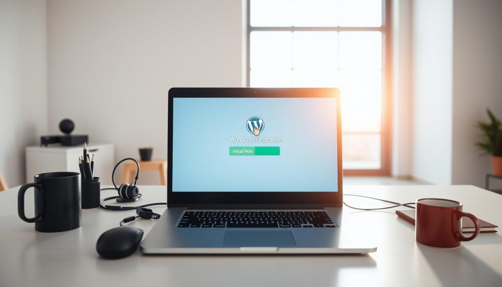A modern, minimal workspace with a laptop and various installation-related items. In the foreground, a laptop screen displays the WordPress installation interface, the cursor hovering over the "Install Now" button. Surrounding the laptop, a selection of web development tools, such as a mouse, a keyboard, and a coffee mug. The middle ground features a clean, white desk with a subtle wooden texture. In the background, a large window floods the room with natural light, casting a warm, focused glow on the scene. The overall atmosphere is one of efficiency, productivity, and the excitement of starting a new website journey. A modern, minimal workspace with a laptop and various installation-related items. In the foreground, a laptop screen displays the WordPress installation interface, the cursor hovering over the "Install Now" button. Surrounding the laptop, a selection of web development tools, such as a mouse, a keyboard, and a coffee mug. The middle ground features a clean, white desk with a subtle wooden texture. In the background, a large window floods the room with natural light, casting a warm, focused glow on the scene. The overall atmosphere is one of efficiency, productivity, and the excitement of starting a new website journey.