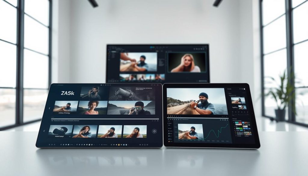 A modern, sleek video editing workspace with a variety of AI-powered tools. In the foreground, a sophisticated digital interface displays various video editing features like color grading, motion tracking, and intelligent object removal. In the middle ground, a high-end desktop computer and a tablet with a stylus hint at a seamless cloud-based workflow. The background showcases a minimalist, well-lit studio setting with large windows, offering a calming and productivity-enhancing ambiance. The overall scene conveys the power and efficiency of AI-driven video editing, striking a balance between advanced technology and a refined, user-friendly design.