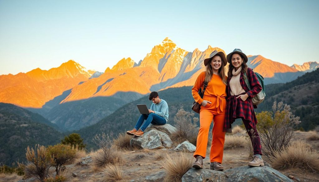 A picturesque scene of sponsored content travel bloggers posing in a stunning natural landscape. In the foreground, two influencers stand side-by-side, dressed in trendy, colorful outfits that complement the vibrant surroundings. Their expressions convey a sense of joy and adventure. In the middle ground, a third blogger sits on a rock, typing intently on a laptop, capturing content for their sponsored social media posts. The background features a majestic mountain range bathed in warm, golden light, creating a serene and aspirational atmosphere. The overall composition and lighting evoke a sense of wanderlust and the allure of the influencer lifestyle. A picturesque scene of sponsored content travel bloggers posing in a stunning natural landscape. In the foreground, two influencers stand side-by-side, dressed in trendy, colorful outfits that complement the vibrant surroundings. Their expressions convey a sense of joy and adventure. In the middle ground, a third blogger sits on a rock, typing intently on a laptop, capturing content for their sponsored social media posts. The background features a majestic mountain range bathed in warm, golden light, creating a serene and aspirational atmosphere. The overall composition and lighting evoke a sense of wanderlust and the allure of the influencer lifestyle.