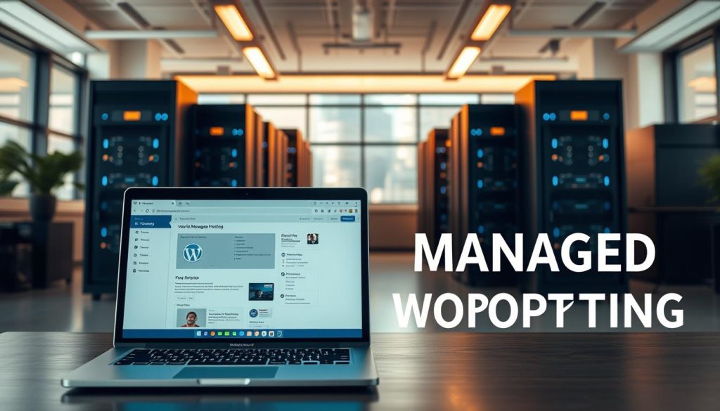 A serene and well-organized workspace showcasing the power of managed WordPress hosting. In the foreground, a sleek laptop displays a clean and intuitive WordPress dashboard, conveying the ease of managing a blog or website. The middle ground features server racks, symbolizing the robust infrastructure supporting the managed hosting service, bathed in a warm, inviting glow from strategically placed lighting. The background depicts a modern, minimalist office setting, with large windows allowing natural light to filter in, creating a sense of professionalism and productivity. The overall atmosphere exudes confidence, reliability, and the freedom to focus on content creation, rather than technical hassles.