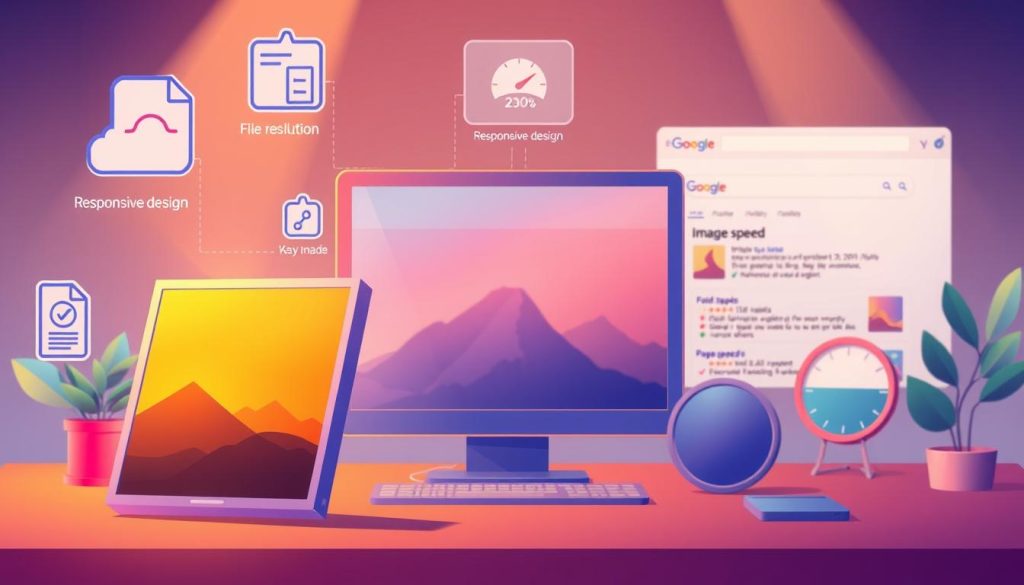 A vibrant digital illustration depicting the concept of image optimization. In the foreground, a high-resolution image is the focal point, surrounded by various optimization tools and techniques - such as file compression, lazy loading, and responsive design. The middle ground showcases a web page loading quickly, with performance metrics and SEO-related elements like page speed scores. In the background, a search engine results page highlights the improved visibility and ranking of the optimized website. The scene is illuminated by a warm, soft lighting that conveys a sense of efficiency and user-friendliness. The overall composition emphasizes the importance of optimizing images to enhance website performance, user experience, and search engine visibility. A vibrant digital illustration depicting the concept of image optimization. In the foreground, a high-resolution image is the focal point, surrounded by various optimization tools and techniques - such as file compression, lazy loading, and responsive design. The middle ground showcases a web page loading quickly, with performance metrics and SEO-related elements like page speed scores. In the background, a search engine results page highlights the improved visibility and ranking of the optimized website. The scene is illuminated by a warm, soft lighting that conveys a sense of efficiency and user-friendliness. The overall composition emphasizes the importance of optimizing images to enhance website performance, user experience, and search engine visibility.