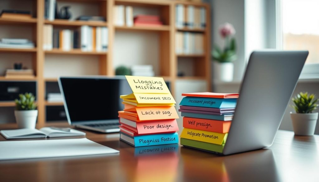 A well-lit, modern home office with a minimalist desk, a laptop, and a small potted plant. On the desk, a stack of colorful sticky notes representing common blogging mistakes, such as inconsistent posting, lack of SEO, poor design, and inadequate promotion. The background features a softly blurred bookshelf, suggesting an environment conducive to learning and self-improvement. The overall mood is one of thoughtfulness and attention to detail, conveying the importance of avoiding these pitfalls when starting a blog from scratch.