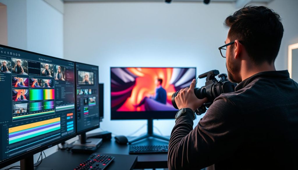 A well-lit video editing studio with a large, high-resolution monitor displaying a dynamic color grading interface. The foreground features an editing suite with professional-grade video editing software, color correction tools, and a range of colorful adjustments and overlays. In the middle ground, a creative filmmaker meticulously adjusts the color balance, contrast, and vibrancy of a cinematic video clip. The background showcases a minimalist, modern design with clean lines, neutral tones, and subtle lighting that accentuates the vibrant colors on the screen. The overall mood is one of focused creativity, technical expertise, and a desire to elevate the visual aesthetics of the video content.