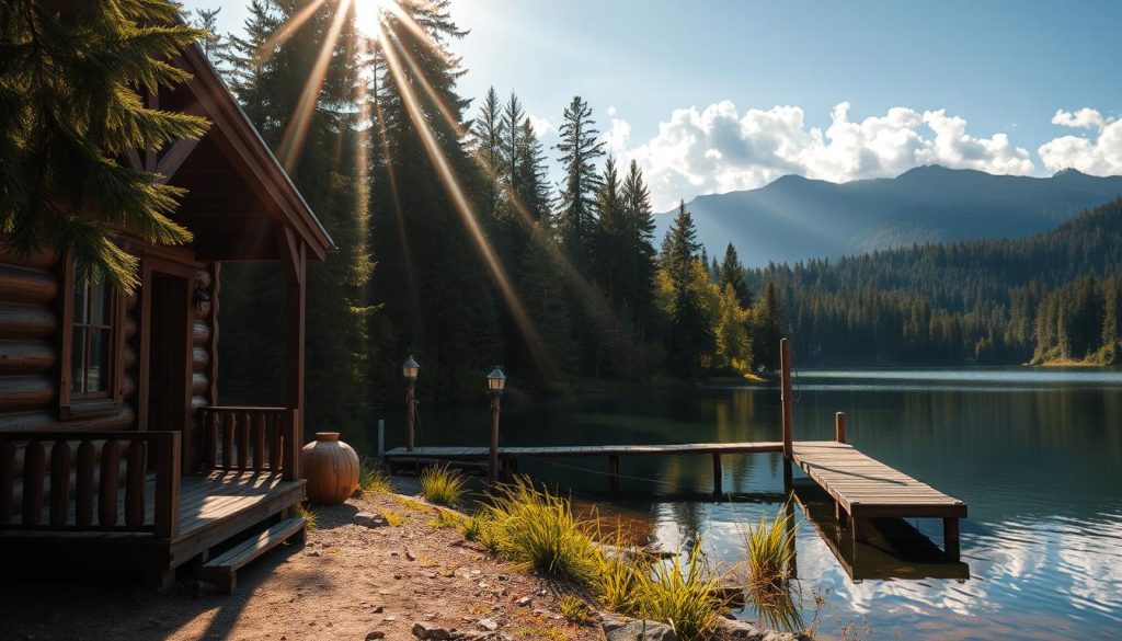 Prompt A tranquil, sun-dappled scene of a cozy cabin nestled in a lush, verdant forest. In the foreground, a rustic wooden porch overlooks a serene lake, its surface reflecting the towering pines and fluffy clouds above. Rays of golden light filter through the trees, casting a warm, inviting glow on the scene. In the middle ground, a wooden dock extends into the still waters, inviting viewers to explore the natural wonder. In the distance, a misty mountain range rises up, creating a stunning backdrop for this picturesque visual narrative. The overall mood is one of peaceful contemplation, where the viewer is drawn into the story and invited to imagine the tales that unfold within this enchanting setting.